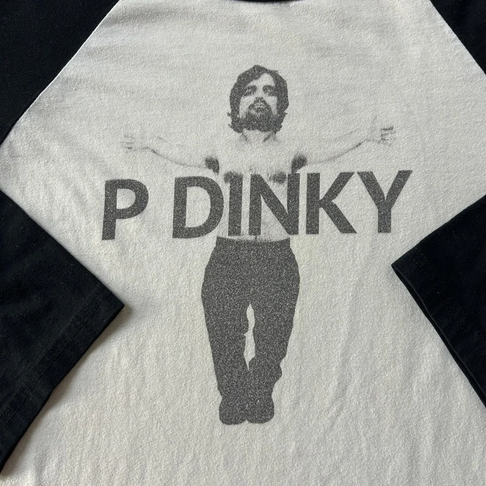 P Dinky Raglan Shirt Mens Small White Black 3/4 Sleeve Graphic Tee T-Shirt